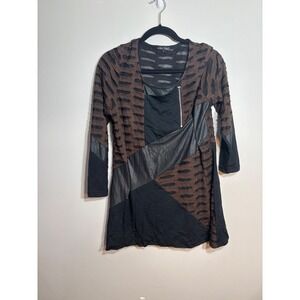 Boho‎ Chic Womens Mixed Media Burnout Tunic Top Faux Leather Zip Brown Black L
